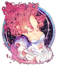 Rule 34 | 1girl, armpits, arms behind head, arms up, breasts, cartoon network, cleavage, closed eyes, colored eyelashes, constellation, dress, eyelashes, highres, long hair, outside border, parted lips, petals, pigeon666, pink hair, rose quartz universe, round image, solo, sparkle, star (sky), steven universe, upper body, very long hair, white dress