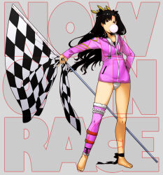Rule 34 | 1girl, ankle ribbon, barefoot, black hair, brown eyes, blowing bubbles, checkered flag, chewing gum, commentary request, fate/grand order, fate (series), flag, full body, fur-trimmed hood, fur-trimmed legwear, fur trim, highres, holding, holding flag, hood, ishtar (fate), ishtar (swimsuit rider) (fate), jacket, leg ribbon, long hair, looking at viewer, minakuchi takashi, pink jacket, pink thighhighs, ribbon, single thighhigh, solo, swimsuit, swimsuit under clothes, thighhighs
