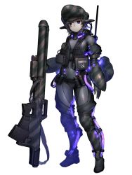 Rule 34 | 1girl, anti-materiel rifle, barcode, barcode tattoo, belt, black hair, bodysuit, bullpup, camouflage, chain paradox, closed mouth, covered navel, explosive, facial tattoo, full body, glowing, grenade, gun, hand grenade, headgear, hetza (hellshock), holding, holding weapon, huge weapon, looking at viewer, purple eyes, rifle, science fiction, sniper rifle, solo, standing, tattoo, transparent background, vest, weapon, yellow background