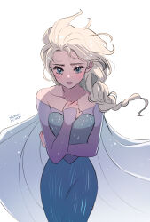 Rule 34 | 1girl, arm between breasts, bare shoulders, between breasts, blue dress, blue eyes, blush, braid, breasts, cape, commentary request, disney, dress, elsa (frozen), eyelashes, floating hair, frozen (disney), hair over shoulder, highres, long hair, makeup, parted lips, signature, single braid, small breasts, solo, user raev4755, white background, wind