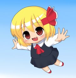 Rule 34 | 1girl, bad id, bad pixiv id, blonde hair, chibi, embodiment of scarlet devil, fang, female focus, full body, gradient background, hair ribbon, kyokutou hentai samurai, outdoors, outstretched arms, red eyes, ribbon, rumia, short hair, sky, solo, spread arms, touhou