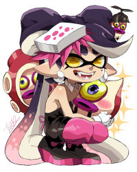 Rule 34 | 1girl, :d, animal ears, ankle boots, bare shoulders, black footwear, black jumpsuit, blush, boots, breasts, callie (splatoon), cross-shaped pupils, detached collar, fangs, food, food on head, full body, gloves, gradient hair, highres, inkling, isamu-ki (yuuki), jumpsuit, long hair, mole, mole under eye, multicolored hair, nintendo, no bra, object on head, octoball, octocopter, octotrooper, open mouth, pantyhose, pink hair, pink pantyhose, pointy ears, propeller, purple hair, short jumpsuit, sideboob, simple background, smile, solo, sparkle, splatoon (series), splatoon 1, squatting, symbol-shaped pupils, teeth, tentacle hair, two-tone hair, very long hair, white background, white gloves, yellow eyes