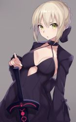Rule 34 | 1girl, :o, artoria pendragon (all), artoria pendragon (fate), black dress, black ribbon, blonde hair, breasts, collarbone, dress, dutch angle, excalibur morgan (fate), fate/stay night, fate (series), frilled sleeves, frills, green eyes, grey background, hair ribbon, halter dress, halterneck, highres, ichijou (kr neru0), long hair, long sleeves, looking at viewer, medium breasts, open mouth, pointing, pointing at viewer, ribbon, saber alter, short hair, simple background, solo, upper body, wide sleeves