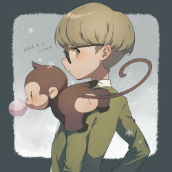 Rule 34 | 1boy, animal, animal on shoulder, border, bowl cut, brown hair, blowing bubbles, bubble monkey, chewing gum, closed mouth, dated, freckles, from behind, green eyes, green jacket, grey border, highres, jacket, jeff andonuts, long sleeves, looking back, male focus, monkey, mother (game), mother 2, nintendo, shifumame, snowflakes, upper body