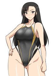 Rule 34 | 1girl, asymmetrical bangs, bare shoulders, black eyes, black hair, breasts, competition swimsuit, girls und panzer, hand on own hip, hifumi hajime, long hair, nishi kinuyo, one-piece swimsuit, school swimsuit, solo, swimsuit, white background