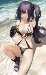 Rule 34 | 1girl, ;), absurdres, architect (girls&#039; frontline), architect (nvw model) (girls&#039; frontline), architect (type nvw) (girls&#039; frontline), arm support, beach, black footwear, black gloves, black hair, black one-piece swimsuit, breasts, casual one-piece swimsuit, cleavage, commentary, day, elbow gloves, fingerless gloves, girls&#039; frontline, gloves, grin, halterneck, highres, knee up, large breasts, long hair, looking at viewer, nail polish, navel, o-ring, o-ring swimsuit, official alternate costume, one-piece swimsuit, one eye closed, outdoors, pink eyes, pink nails, side ponytail, sitting, smile, solo, stomach, swimsuit, toenail polish, toenails, tunamayo (dsasd751), very long hair, water