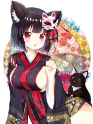Rule 34 | 1girl, :o, animal, animal ear fluff, animal ears, azur lane, bad id, bad pixiv id, black cat, black hair, black kimono, blush, breasts, cat, cat ears, cat mask, commentary request, fang, fingernails, hand up, highres, japanese clothes, kimono, large breasts, long sleeves, looking at viewer, mask, mask on head, nail polish, parted lips, pink nails, red eyes, ryoutan, short hair, sideboob, solo, wide sleeves, yamashiro (azur lane)