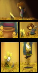 Rule 34 | ^ ^, androgynous, black legwear, blush, brown hair, closed eyes, comic, flower, flower bed, flower pot, flowey (undertale), frisk (undertale), gender request, highres, holding, holding behind back, long sleeves, looking at another, pantyhose, pantyhose under shorts, parted lips, petals, shirt, short hair, shorts, smieska, smile, spade, spotlight, striped clothes, striped shirt, trowel, undertale