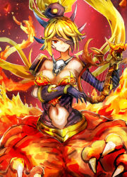 Rule 34 | 1girl, arm under breasts, armlet, bare shoulders, black gloves, blonde hair, bracelet, breasts, centauroid, cleavage, closed mouth, clothing cutout, commentary request, cowboy shot, dragon claw, dragon girl, dragon horns, dragon tail, dragon wings, duel monster, elbow gloves, eyebrows hidden by hair, fire, gloves, hair between eyes, harp, hatano kiyoshi, headpiece, high ponytail, holding, holding instrument, horns, instrument, jewelry, large breasts, looking at viewer, monster girl, music, navel, navel cutout, playing instrument, queen dragun djinn, red background, red eyes, shoulder pads, sidelocks, simple background, solo, tail, taur, vambraces, wings, yu-gi-oh!