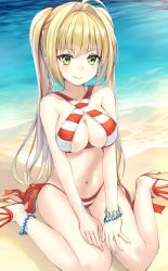 Rule 34 | 1girl, beach, bikini, blonde hair, blush, bracelet, breasts, closed mouth, day, earrings, fate/grand order, fate (series), hair intakes, halterneck, highres, jewelry, long hair, looking at viewer, medium breasts, navel, nero claudius (fate), nero claudius (fate) (all), nero claudius (swimsuit caster) (fate), pdxen, sand, sandals, sitting, smile, solo, striped bikini, striped clothes, swimsuit, twintails, wariza