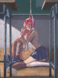Rule 34 | 2girls, absurdres, black pantyhose, blazer, blue skirt, bow, brown hair, brown sweater vest, chalkboard, classroom, closed eyes, closed mouth, commentary, crying, desk, doki doki literature club, dress shirt, face to breasts, full body, glitch, grey jacket, hair bow, hair ribbon, hand on another&#039;s head, hands on own chest, hanged, head hug, head on chest, heads together, highres, hug, iro saki, jacket, kneeling, long hair, monika (doki doki literature club), multiple girls, noose, on floor, own hands together, pantyhose, parquet floor, pink hair, pleated skirt, ponytail, red bow, ribbon, sad, sayori (doki doki literature club), school desk, school uniform, shadow, shirt, shoes, short hair, sidelocks, single letter, sitting, skirt, socks, spoilers, suicide, sweater vest, tears, uwabaki, very long hair, very short hair, wariza, white ribbon, white shirt, white socks, wooden floor