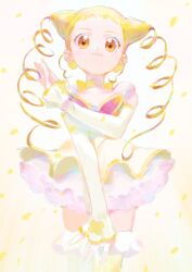 Rule 34 | 1girl, absurdres, blonde hair, butterfly brooch, butterfly earrings, choker, commentary, cure lemonade, detached sleeves, dress, drill hair, earrings, highres, jewelry, kaede (shijie heping), kasugano urara (yes! precure 5), long hair, magical girl, precure, smile, solo, symbol-only commentary, twin drills, white dress, yellow choker, yellow eyes, yellow theme, yes! precure 5