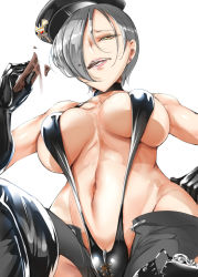 Rule 34 | 1girl, black one-piece swimsuit, breasts, chocolate, food, grey hair, hat, large breasts, looking at viewer, navel, one-piece swimsuit, original, short hair, simple background, slingshot swimsuit, solo, swimsuit, usyuuri, white background, yellow eyes