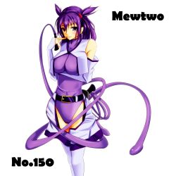 Rule 34 | 1990s (style), 1girl, belt, character name, creatures (company), cropped jacket, detached sleeves, finger to face, game freak, gen 1 pokemon, hair bobbles, hair ornament, legendary pokemon, leotard, mewtwo, nintendo, noppoago, personification, pokedex number, pokemon, pokemon rgby, purple eyes, purple hair, retro artstyle, smile, solo, thighhighs, whip