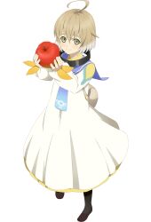Rule 34 | 1boy, ahoge, apple, blonde hair, child, commentary, dress, english commentary, fingernails, food, fruit, full body, hair between eyes, highres, holding, holding food, holding fruit, laphicet (tales), male focus, official art, pantyhose, red apple, sailor collar, shoes, smile, solo, tales of (series), tales of asteria, tales of berseria, transparent background, white dress