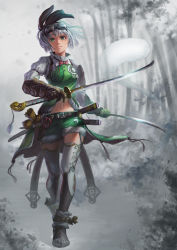 Rule 34 | 1girl, adapted costume, arm guards, arm strap, armor, belt buckle, black ribbon, bow, bowtie, brown gloves, buckle, collared shirt, commentary, forest, full body, fur-trimmed shorts, fur trim, garter straps, gloves, goggles, goggles on head, green eyes, green shorts, green vest, grey hair, hair ribbon, holding, holding sword, holding weapon, iroai midodo, katana, konpaku youmu, konpaku youmu (ghost), long sleeves, looking at viewer, nature, navel, red bow, ribbon, rope, sheath, shin guards, shirt, short hair, shorts, smile, solo, standing, steampunk, suspenders, sword, thighhighs, touhou, unsheathed, vest, wakizashi, weapon, white shirt, white thighhighs