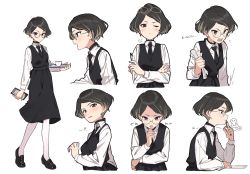 Rule 34 | 1girl, black choker, black dress, black footwear, black hair, black necktie, brown eyes, choker, clipboard, closed mouth, collared shirt, commentary, crossed arms, cup, dress, english commentary, eyewear on head, glasses, highres, holding, holding clipboard, holding paper, holding pen, holding tray, long sleeves, looking at viewer, multicolored hair, multiple views, necktie, open mouth, original, pantyhose, paper, parted bangs, pen, pink hair, round teeth, shirt, shoes, streaked hair, teeth, tetori rina, translation request, tray, white pantyhose, white shirt