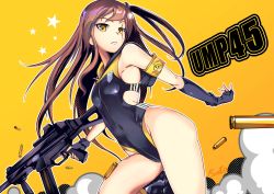 Rule 34 | 1girl, armband, artist name, asymmetrical gloves, bare legs, black gloves, blue one-piece swimsuit, breasts, brown eyes, brown hair, character name, commentary request, competition swimsuit, front zipper swimsuit, girls&#039; frontline, gloves, gradient background, gun, h&amp;k ump, h&amp;k ump, hair ornament, looking at viewer, meme attire, one-piece swimsuit, one side up, ryuu tou, scar, scar across eye, scar on face, shell casing, small breasts, solo, submachine gun, swimsuit, text background, thighs, ump45 (girls&#039; frontline), uneven gloves, weapon, yellow background, zipper