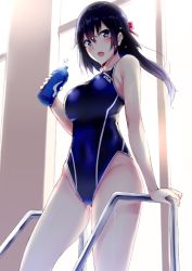 Rule 34 | 1girl, :o, bare arms, bare shoulders, black hair, blue eyes, blue one-piece swimsuit, blush, bottle, breasts, clothes writing, competition swimsuit, covered navel, grin, highleg, highleg swimsuit, holding, holding bottle, holding on, indoors, kaerunoashi, large breasts, long hair, looking at viewer, one-piece swimsuit, open mouth, original, pool ladder, shiny skin, sideboob, skin tight, smile, solo, swimsuit, thighs, window