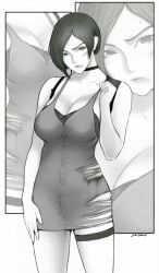 Rule 34 | 1girl, absurdres, ada wong, breasts, cleavage, dress, greyscale, highres, large breasts, monochrome, resident evil, resident evil 2, short dress, short hair, sleeveless, sleeveless dress, solo