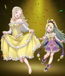 Rule 34 | bare shoulders, blonde hair, blue eyes, bow, bracelet, bridal legwear, child, cosplay, dress, fire emblem, fire emblem heroes, gold footwear, highres, igni tion, jewelry, lissa (fire emblem), nintendo, nowi (fire emblem), one eye closed, open mouth, pointy ears, ponytail, sandals, smile, tiki (fire emblem) (cosplay), yellow bow
