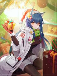Rule 34 | 1girl, absurdres, animal ears, arknights, black pantyhose, black sweater, blue hair, box, breasts, breath, cameo, character pin, chinese text, christmas, christmas tree, coat, commentary, creatures (company), dezhouyou touguigui, english commentary, exusiai (arknights), fur-trimmed coat, fur trim, game freak, gen 1 pokemon, gift, gift box, gloves, green scarf, hair between eyes, hair ornament, hat, highres, holding, holding box, huge filesize, indoors, long hair, looking at viewer, medium breasts, merry christmas, mixed-language commentary, nintendo, official alternate costume, open clothes, open coat, orange eyes, pantyhose, pikachu, pokemon, pokemon (creature), red gloves, santa hat, scarf, short shorts, shorts, sitting, smile, solo, sweater, texas (arknights), texas (winter messenger) (arknights), white coat, white shorts, wolf ears