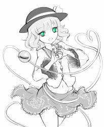 Rule 34 | 1girl, green eyes, hat, heart, heart-shaped pupils, heart hands, highres, komeiji koishi, looking at viewer, midriff, monochrome, navel, no nose, open mouth, raptor7, simple background, skirt, smile, solo, spot color, symbol-shaped pupils, third eye, touhou