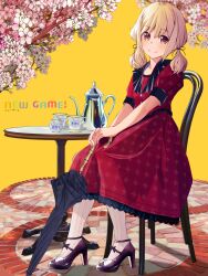 Rule 34 | 1girl, alternate costume, blonde hair, brown eyes, cable knit, chuutaro metal, closed mouth, closed umbrella, coffee table, copyright name, cup, dress, frilled dress, frills, full body, holding, holding umbrella, iijima yun, looking at viewer, low twintails, medium dress, medium hair, new game!, pantyhose, parasol, red dress, ribbed pantyhose, shirt, sleeveless, sleeveless shirt, smile, solo, strappy heels, table, tea set, teacup, teapot, twintails, umbrella, v arms, white pantyhose, yellow background