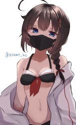 Rule 34 | 1girl, absurdres, adapted costume, ahoge, bikini, black bikini, black hair, blue eyes, braid, commentary request, commission, hair flaps, hair ornament, hair over shoulder, highres, jacket, kantai collection, long hair, looking at viewer, mask, mouth mask, official alternate costume, shigure (kancolle), shigure kai ni (kancolle), shirasumato, simple background, single braid, solo, swimsuit, twitter username, upper body, white background, white jacket