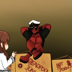 Rule 34 | 10s, 1boy, 1girl, admiral (kancolle), admiral (kancolle) (cosplay), box, brown hair, cardboard box, cosplay, crossover, deadpool, deadpool (series), english text, gradient background, hat, inazuma (kancolle), kantai collection, marvel, military, military uniform, peaked cap, rukotaro, text focus, uniform