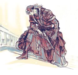 Rule 34 | 1boy, 5altybitter5, boots, coat, earrings, emet-selch, epaulettes, final fantasy, final fantasy xiv, gun, handgun, highres, holding, holding gun, holding weapon, jewelry, long sleeves, male focus, multicolored hair, short hair, solo, stairs, standing, streaked hair, weapon