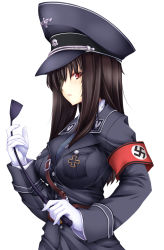 Rule 34 | 1girl, armband, between breasts, black hair, black hat, blouse, breast pocket, breasts, brown eyes, brown hair, cleavage, collared shirt, colored eyelashes, cross, dated, eyepatch, fingernails, from side, gloves, grey hat, hat, highres, iron cross, jacket, katerina dagmar, large breasts, long fingernails, military, military jacket, military uniform, multicolored clothes, multicolored hat, nazi, original, peaked cap, pocket, red armband, red eyes, riding crop, shirt, simple background, solo, strap between breasts, swastika, uniform, white background, white shirt, world war ii, yui.h