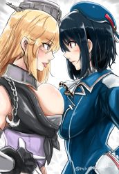 Rule 34 | 10s, 2girls, :p, anchor, angry, beret, black hair, blonde hair, blue eyes, blush, breast press, breasts, chain, confrontation, duralu500, eye contact, face-to-face, female focus, fingerless gloves, gloves, hair between eyes, hand on own hip, hat, headgear, highres, iowa (kancolle), jewelry, kantai collection, large breasts, lips, long hair, long sleeves, looking at another, military, military uniform, multiple girls, neck ring, red eyes, short hair, shy, sleeveless, smile, symmetrical docking, takao (kancolle), tongue, tongue out, uniform, upper body, yuri