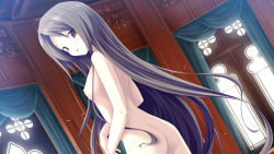 Rule 34 | 1girl, ass, black hair, blush, breasts, brown eyes, christina dorn, curtains, fue (tsuzuku), game cg, indoors, katahane, long hair, looking at viewer, looking back, nipples, nude, open mouth, small breasts, smile, solo, standing, very long hair, window