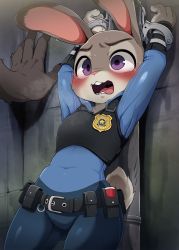 Rule 34 | 1girl, :3, animal nose, arms up, bdsm, belt, black vest, blue shirt, blush, body fur, bondage, bound, bound wrists, breath, buck teeth, chest guard, claws, collarbone, collared shirt, covered navel, cowboy shot, cropped vest, cuffs, dagashi (daga2626), disembodied hand, english text, flat chest, furry, furry female, furry male, grey background, grey fur, handcuffs, highres, industrial pipe, judy hopps, long sleeves, looking at another, open mouth, police, police badge, police uniform, policewoman, pouch, purple eyes, rabbit ears, rabbit girl, rabbit tail, scared, shirt, solo focus, standing, sweat, tears, teeth, two-tone fur, uniform, utility belt, vest, white fur, wide-eyed, wristband, zootopia