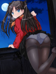 Rule 34 | 1girl, ass, bad id, bad pixiv id, black hair, black pantyhose, blue eyes, breath, fate/stay night, fate (series), from behind, full moon, moon, nijimotohiro k, panties, panties under pantyhose, pantyhose, skirt, solo, thighband pantyhose, thighhighs, tohsaka rin, two side up, underwear, white panties
