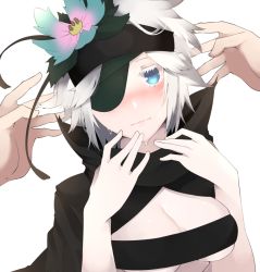 Rule 34 | 10s, 1girl, @ @, akuan (7jackpot7), bad id, bad pixiv id, blue eyes, blush, breasts, cape, eyepatch, flamie speeddraw, flower, hair flower, hair ornament, hairband, large breasts, looking at viewer, rokka no yuusha, short hair, simple background, solo focus, sweat, white background, white hair