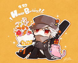 Rule 34 | 1boy, animalization, arknights, black jacket, black pants, cake, candle, dated, fingerless gloves, fire, flower, food, gloves, goldenglow (arknights), grey gloves, happy birthday, highres, holding, holding plate, jacket, long sleeves, male focus, oonohara kenya, open clothes, open jacket, orange background, pants, parted lips, pink flower, plate, red (npc) (arknights), red flower, shirt, signature, white shirt