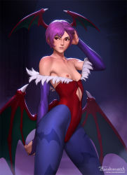 Rule 34 | 1girl, animal print, artist name, bare shoulders, bat print, blue pantyhose, breasts, bridal gauntlets, cameltoe, capcom, collarbone, commentary, demon wings, elbow gloves, english commentary, gloves, hand in own hair, head wings, highres, leotard, lilith aensland, low wings, nipples, pantyhose, print pantyhose, purple gloves, purple hair, red eyes, red leotard, short hair, small breasts, solo, tarakanovich, vampire (game), wings