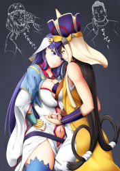 Rule 34 | 10s, 2girls, :o, = =, arm guards, asymmetrical docking, bead necklace, beads, bikini, bikini top only, black hair, blue eyes, blue thighhighs, bol (liliymimi), breast press, breasts, buddha (saint onii-san), cameo, capelet, chibi, chibi inset, cleavage, closed mouth, clothes writing, cowboy shot, crossover, crown of thorns, earrings, eye contact, eyebrows, eyelashes, facial hair, fate/grand order, fate (series), gourd, grin, hair bun, hair rings, hand on own hip, hat, head tilt, highres, hoop earrings, jesus (saint onii-san), jewelry, large breasts, long earlobes, long hair, long sleeves, looking at another, low-tied long hair, martha (fate), multiple girls, mustache, navel, necklace, prayer beads, purple hair, ring, saint onii-san, shirt, single hair bun, sleeveless, smile, sweat, swimsuit, t-shirt, thighhighs, underboob, veil, very long hair, xuangzang sanzang (fate)