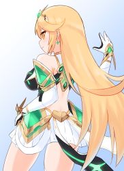 Rule 34 | 1girl, bare legs, bare shoulders, blonde hair, breasts, chest jewel, commentary request, dress, earrings, elbow gloves, gloves, highres, jewelry, large breasts, long hair, mythra (xenoblade), paskmel, short dress, solo, swept bangs, thigh strap, tiara, very long hair, white dress, white gloves, xenoblade chronicles (series), xenoblade chronicles 2, yellow eyes
