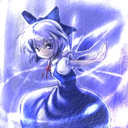 Rule 34 | &gt;:), 1girl, blue eyes, blue hair, bow, cirno, dress, female focus, hair bow, lain, lowres, matching hair/eyes, no nose, outstretched arms, short hair, smirk, solo, spread arms, embodiment of scarlet devil, touhou, v-shaped eyebrows, wings