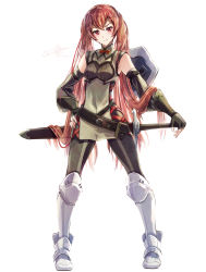 Rule 34 | 1girl, absurdres, armored boots, artist name, black gloves, boots, clear glass (mildmild1311), detached sleeves, fighting stance, fingerless gloves, fire emblem, fire emblem awakening, full body, gloves, hand on weapon, highres, leggings, long hair, looking at viewer, nintendo, ready to draw, red eyes, red hair, severa (fire emblem), sheath, sheathed, shield, shirt, signature, simple background, sleeveless, sleeveless shirt, smile, solo, standing, sword, twintails, twitter username, very long hair, weapon, weapon on back, white background, white footwear