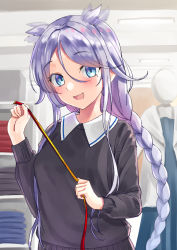 Rule 34 | 1girl, alternate costume, black sweater, blue eyes, braid, collar, commentary request, hair flaps, hair over one eye, kantai collection, long hair, looking at viewer, mayura (lucadia), mole, mole under eye, parted bangs, silver hair, single braid, solo, sweater, tape measure, umikaze (kancolle), umikaze kai ni (kancolle), upper body, very long hair, white collar