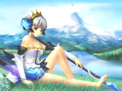 Rule 34 | 1girl, barefoot, day, dress, feet, gwendolyn (odin sphere), highres, multicolored wings, nature, odin sphere, polearm, pteruges, short hair, skirt, sky, solo, spear, strapless, strapless dress, takashima, toes, wallpaper, weapon, wings