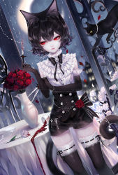 Rule 34 | 1girl, animal ears, artist name, black bow, black cat, black gloves, black hair, black neckwear, black thighhighs, bow, bowtie, cat, cat ears, cat tail, commentary, cowboy shot, dutch angle, elbow gloves, flower, gloves, hand up, highres, holding, holding knife, holding weapon, knife, looking to the side, original, red eyes, red flower, red rose, rose, sheya, short hair, signature, standing, symbol-only commentary, table, tail, thighhighs, vase, weapon