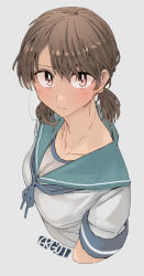 Rule 34 | 1girl, artist logo, blue sailor collar, brown eyes, brown hair, collared shirt, commentary request, ergot, grey background, kantai collection, looking at viewer, low twintails, parted bangs, sailor collar, school uniform, serafuku, shirayuki (kancolle), shirt, short hair, short twintails, solo, twintails, upper body