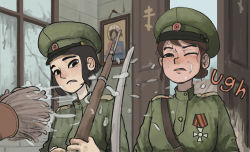 Rule 34 | 2girls, absurdres, black hair, bolt action, brown hair, christianity, commentary, english commentary, english text, gun, hat, highres, medal, military, military hat, military uniform, mosin-nagant, multiple girls, one eye closed, original, orthodox cross, rifle, rifleman1130, russia, russian empire, saber (weapon), short hair, spraying, sword, uniform, water, weapon