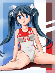 Rule 34 | 10s, 1girl, abriel00, adidas, black hair, blue eyes, breasts, competition swimsuit, hair ribbon, isuzu (kancolle), japan, kantai collection, leotard, long hair, medium breasts, one-piece swimsuit, open mouth, personification, ribbon, sitting, solo, sportswear, swimsuit, twintails, uniform number, volleyball uniform