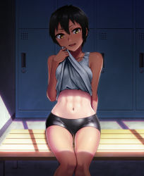 Rule 34 | 1girl, :d, abs, arm behind back, bare arms, bare shoulders, bench, bike shorts, black hair, black shorts, blush, clothes lift, collarbone, day, feet out of frame, hashi, head tilt, indoors, lifted by self, locker, locker room, looking at viewer, navel, open mouth, original, shirt lift, short hair, shorts, sitting, sleeveless, smile, stomach, sunlight, tan, tank top, tanline, thigh gap, tomboy, toned, yellow eyes